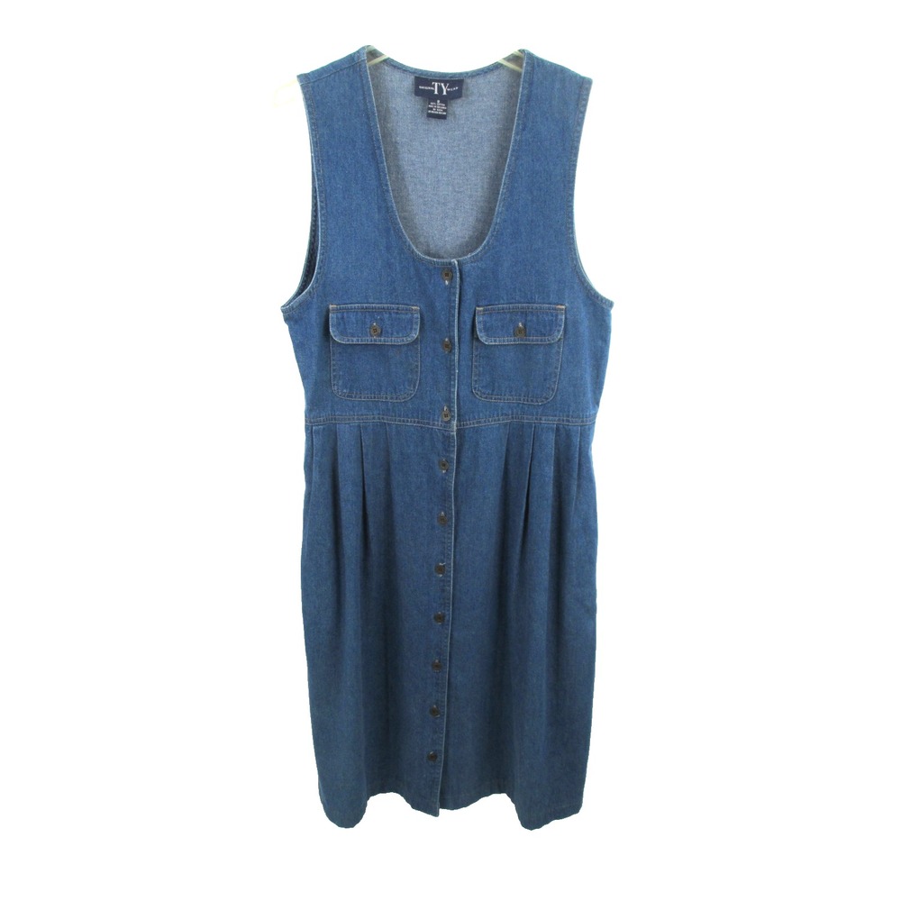 Vintage Original TY Wear Blue Denim Midi Jumper Dress Women 8 Pockets Retro